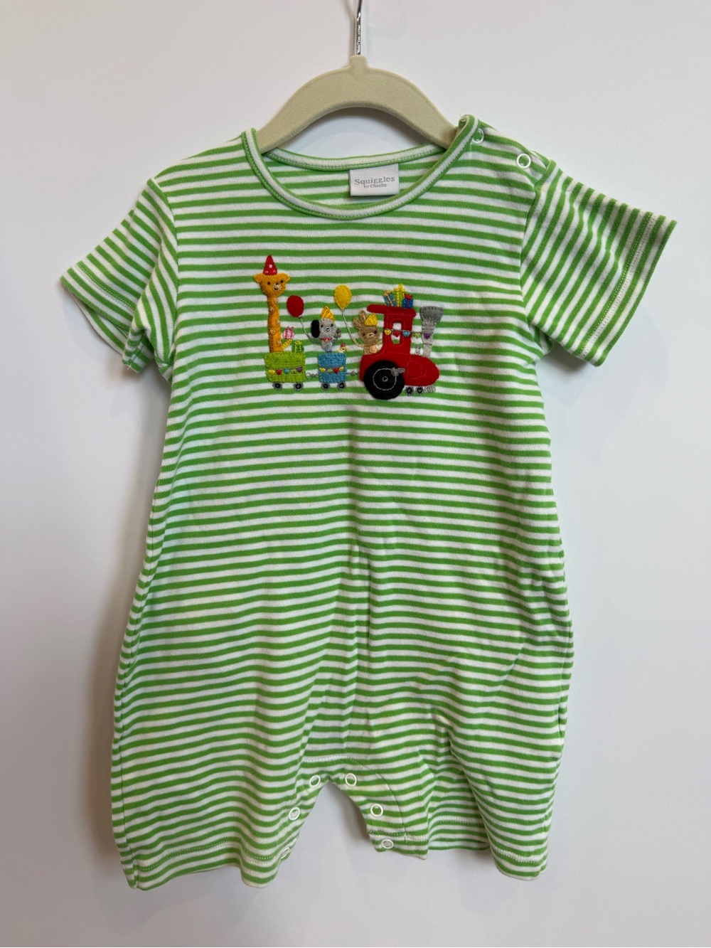 Squiggles by Charlie Green & White Striped Baby Romper with Train Appliqué